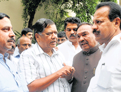 In talk: (From right) Former chief minister D V Sadananda Gowda, Deputy Chief Minister K S Eshwarappa and Chief Minister Jagadish Shettar and MP Pralhad Joshi at the BJP Core Committee meeting in Bangalore, on Saturday. Minister R Ashoka is also seen. DH Photo