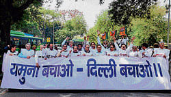 BJP MLAs protest against pollution in the Yamuna at Jantar Mantar in New Delhi on Sunday. PTI Photo