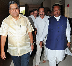 Chief Minister Jagadish Shettar, Former CM D V Sadanandagowda and Deputy CM & BJP State President K S Eshwarappa arrives to address the Press Conference regarding on the results of local bodies election at BJP Head Office Malleshwara in Bangalore. DH photo