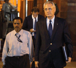 Italian Ambassador Daniele Mancini comes out after meeting Foreign Secretary at South Block in New Delhi on Tuesday. The Italian Ambassador to India was summoned after refusal of Italian government to send its two marines back to India where they are facing trial for killing two Indian fishermen. PTI Photo