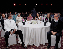 Oscar-winning Hollywood filmmaker Steven Spielberg (R) with Bollywood megastar Amitabh Bachchan,Jaya Bachchan, Industrialist Anil Ambani, Tina Ambani and others at an event in Mumbai. PTI Image