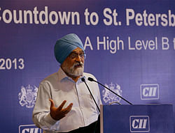 Planning Commission Deputy Chairman Montek Singh Ahluwalia speaks at Countdown to St Petersburg G20 Summit 2013 in New Delhi on Wednesday. PTI Photo