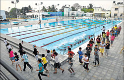 Aspiring kids train at the Nettakallappa Aquatic Centre in Bangalore. DH Photo/ Srikanta Sharma R