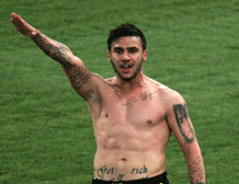 AEK Athens midfielder Giorgos Katidis raises his hand in a Nazi style salute as he celebrates scoring the winning goal in a Greek league game against Veria in Athens' Olympic Stadium, Saturday, March 16, 2013. AEK won the game 2-1. There has been no official reaction yet to the gesture, which has raised a storm of protest on the Internet. AP Photo