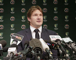 Australia's cricket vice-captain Shane Watson speaks to the media at Sydney Airport in Sydney, Australia, Monday, March 18, 2013 as he prepares to return to India and join the rest of the team. Watson left the tour last week only hours after he and three teammates were suspended for a match for failing to submit self-critiques to Australia coach Mickey Arthur by a set deadline. (AP Photo/