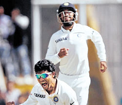 HELLO BUNNY, BUNNY!: Ravindra Jadeja celebrates after taking the wicket of Australian      captain Michael Clarke for the fifth time in the series on Monday. PTI
