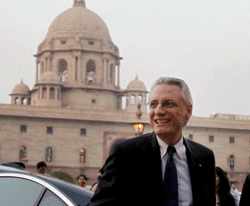 Italian Ambassador Daniele Mancini arrives at Ministstry of External Affairs office South Block in New Delhi on Tuesday. The Italian Ambassador to India was summoned after refusal of Italian government to send its two marines back to India where they are facing trial for killing two Indian fishermen. PTI Photo