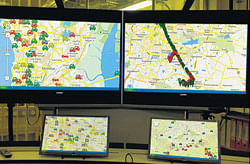 essential The tracking devices in the war room at Ola Cabs monitor the movement of each of the cabs.