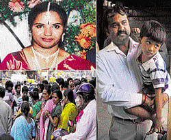 Manasa was found murdered in Kempegowda Nagar on Tuesday.&#8200;Her husband Nagaraj and son Adith. dh photo