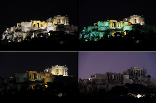 (FILES) A file combo of pictures taken on March 31, 2012 shows the Athens landmark Acropolis hill with the lights on and with the lights off (bottom, R) during Earth Hour. From Sydney Harbor Bridge, Buckingham Palace and the Brandenburg Gate to the Burj Khalifa tower, the Empire State Building, the Taj Mahal and Table Mountain, some of the world's greatest landmarks will briefly darken on March 23, 2013 for Earth Hour, a campaign now becoming a broader vehicle for green activism. AFP PHOTO