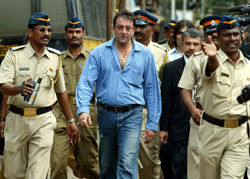 FILE - In this Sept. 12, 2006 file photo, Bollywood actor Sanjay Dutt leaves a special court trying the cases of those accused in the 1993 Mumbai bombings in Mumbai, India. India's Supreme Court has sentenced Dutt to five years in jail for illegal weapons possession in a case linked to the 1993 bombing that killed 257 people in Mumbai. The court on Thursday, March 21, 2013, ordered Dutt to surrender to police within four weeks on the charge of possessing three automatic rifles and a pistol that had been supplied to him by men subsequently convicted in the bombing. AP Photo