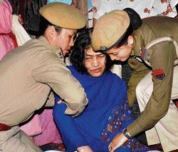 Irom Sharmila (Centre) has been on a fast for the last 12 years, protesting against use of Armed Forces Special Powers) Act in Kashmir and parts of the North-East. The law gives troops the right to shoot to kill suspected rebels in conflict areas without fear of possible prosecution and to arrest suspected militants without a warrant.