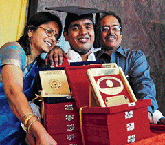 A Proud moment: Dr Santhosh Narayanan with his parents Dr Gomathi and Dr Lakshminarayanan. DH Photo