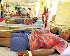 Students who were attacked by bees at Kudugarahalli Layout in Sakleshpur, Hassan district, being treated at Crawford government hospital. dh photo