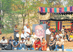 Rangayana artistes and supporters continue protest in front of Rangayana, Mysore, which entered fifth day on Tuesday.  dh photo