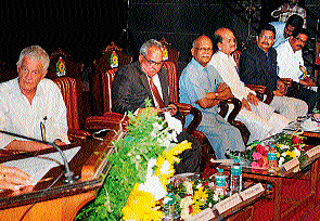 Central University (Kerala) Vice Chancellor Prof Jancy James speaks at an international conference on Rethinking Bhakthi organised by the Kanakadasa Research Centre of Mangalore University on Wednesday. Litterateur Prof Hampa Nagarajayya, Mangalore University VC Prof T C Shivashankaramurthy, Saxophone artiste Kadri Gopalnath and others look on.