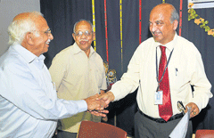 legal views: Vice-chancellor of National Law&#8200;School of India University R&#8200;Venkata Rao being greeted by the chairman of Mahajana Education Society R&#8200;Vasudevamurthy at SBRR&#8200;Law College in Mysore, on Thursday. Director of the college&#8200;C&#8200;K&#8200;N&#8200;Raja is seen. DH Photo