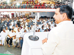 State BJP unit president Prahlad Joshi speaks at BJP Vijaya Sankalpa Yathre in Madikeri on Friday. dh photo