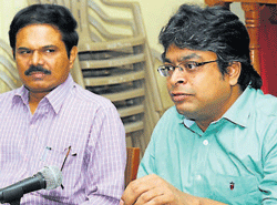 Newly appointed Deputy Commissioner of Dakshina Kannada district Harsha Gupta addresses media persons at the Deputy Commissioners office in Mangalore on Friday. Zilla Panchayat CEO Dr K N VIjayprakash and Mangalore City Corporation Commissioner Dr K Harish Kumar look on. DH Photo