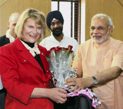 A high level delegation, comprising of MPs and noted industrialists from United States, calling on Gujarat Chief Minister Narendra Modi in Gandhinagar on Thursday. PTI Photo