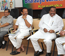 BJP State President Prahlad Joshi, Chief Minister Jagdish Shettar, former CM D V Sadanand Gowda, Depty Chief Minister K S Eshwarappa and Minister Umesh Katti are seen at the district wise meeting held at BJP State office in Bangalore on Saturday. -Photo/ VS