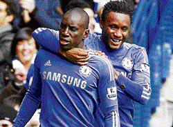 They cant stop me! Chelsea's Demba Ba&#8200;(left) celebrates with John&#8200;Obi Mikel after scoring against Manchester United during their FA&#8200;Cup match on Monday. AP