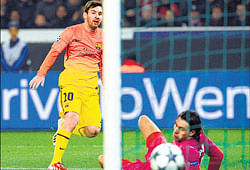 LionelMessi nets Barcelonas first goal in the Champions League tie against PSG on Tuesday. AFP