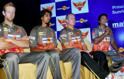 Hyderabad: IPL Sunrisers Captain K Sangakara along with Ishant Sharma and other teammates during a press conference in Hyderabad on Monday. PTI Photo