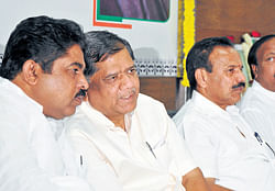 Deputy Chief Minister R Ashoka, Chief Minister Jagadish Shettar, former chief minister  D V&#8200;Sadananda Gowda and State BJP vice-president E Ashwathnarayana at a programme  organised to mark the party Founders Day in Bangalore on Saturday. DH Photo