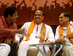 Chief Minister Jagadish Shettar, MP Ananth Kumar and DCM R AShok during a BJP party on assembly elections at Palace Grounds in Bangalore. DH photo