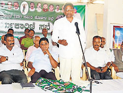 JD(S) candidate from Madikeri constituency B A Jeevijaya speaks at the party working committee meeting in Madikeri on Tuesday.