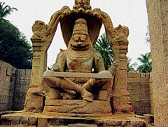 TREASURE HOUSE: Karnataka is home to many monuments such as this fine Ugranarasimha statue in Hampi. (DH File photo)