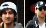 This combo shows handout images taken from a video released by the Federal Bureau of Investigation (FBI) and acquired by AFP on April 19, 2013 shows 'Suspect 2' (L) and 'Suspect 1' (R) in the crowd before the blast at the Boston Marathon on April 15, 2013. Both are being sought by the FBI in connection with the marathon bombing that killed three and injured more than 180. The FBI had no details of the identities or origin of the two men, who were only named as Suspect One and Suspect Two. AFP PHOTO