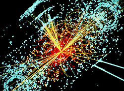 One possible signature of a Higgs boson from a simulated collision between two protons. It decays almost immediately into two jets of hadrons and two electrons, visible as lines. Image courtesy-Wikipedia