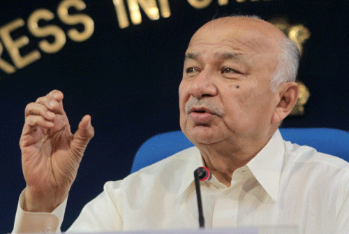 Union Home Minister Sushilkumar Shinde at the monthly press conference of his ministry in New Delhi on Thursday. PTI Photo