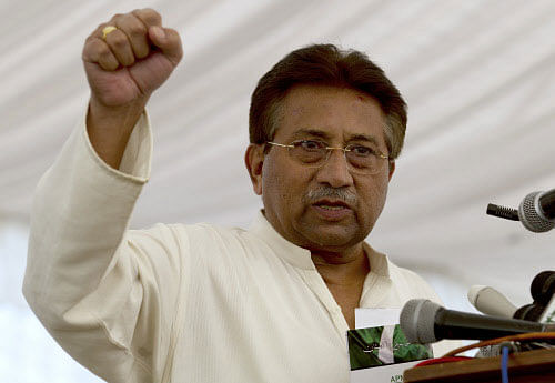 Pakistan's former President and military ruler Pervez Musharraf addresses his party supporters at his house in Islamabad, Pakistan. Pakistan's caretaker government has told the Supreme Court it will not file treason charges against Musharraf. Attorney General Irfan Qadir said in a statement submitted to the court Monday that caretaker officials have decided to leave the decision on treason charges to the government that will come to power after the May 11 parliamentary election.  AP photo