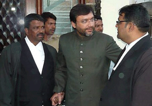 MIM MLA Akbaruddin Owaisi after being produced in court in Adilabad on Thursday in connection with a hate speech. PTI Photo