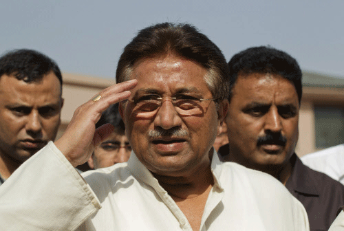 Pakistan's former President and head of the All Pakistan Muslim League (APML) political party Pervez Musharraf salutes at his residence in Islamabad in this April 15, 2013 file photograph. Pakistan's powerful army chief has suggested the military is unhappy with how authorities have treated former army chief and president Pervez Musharraf since his return from exile. REUTERS