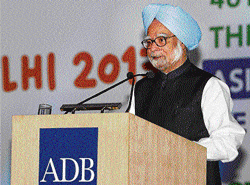 Manmohan Singh addresses the 46th Annual Meeting of the Board of Governors of ADB in Greater Noida on Saturday. PTI