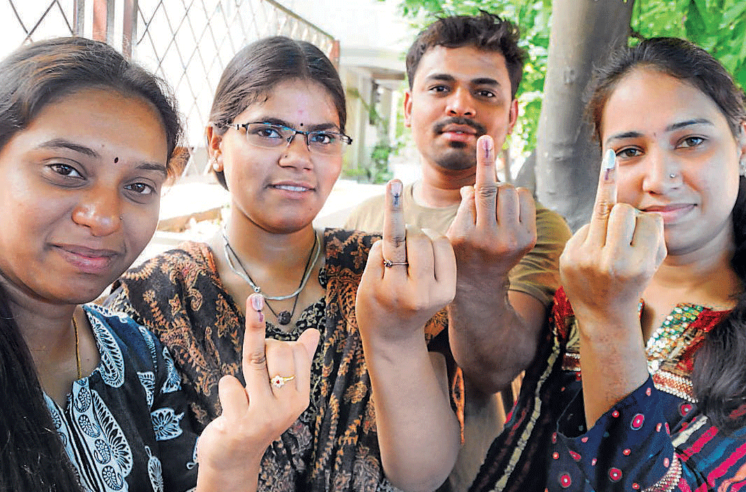 Proud First-time voters: Bhagya Shree, Bhavani, Shanmukha and Neha Rani were excited after exercising their franchise.