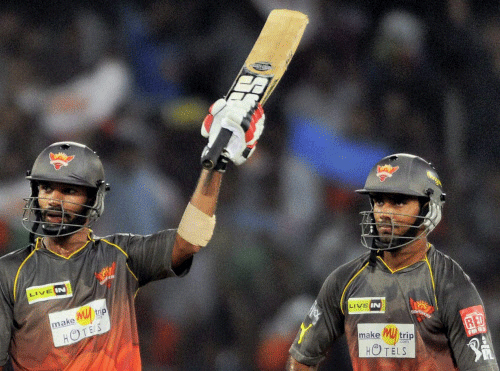 Sunrisers Hyderabad player Shikhar Dhawan celebrates his fifty runs during their IPL6 match against Mumbai Indians in Hyderabad on Wednesday. PTI Photo
