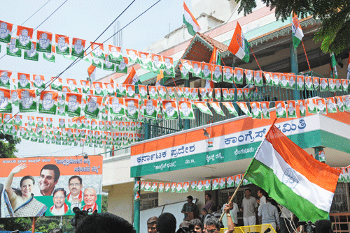 KPCC office decorated with buntings for celebration of victory in assembly election at Queens Road in Bangalore on Wednesday. Photo by S K Dinesh