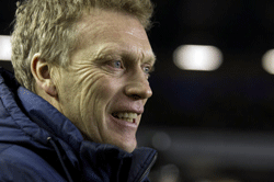 This is a Tuesday Feb. 26, 2013 file photo of Everton's manager David Moyes as he takes to the touchline before his team's English FA Cup fifth round replay soccer match against Oldham at Goodison Park Stadium, Liverpool, England. Everton said Thursday May 9, 2013 that its manager David Moyes is leaving the club at the end of the season and wants to replace Alex Ferguson at Manchester United. While United has not yet made an announcement on who will succeed Ferguson at Old Trafford, the statement from Everton clears the way for Moyes to be hired. AP Photo