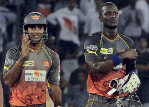 Sunrisers Hyderabad batsmen D Sammy and Vihari come out after team's victory over Delhi Daredevils in an IPL 6 match in Hyderabad on Saturday. PTI Photo