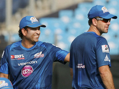 Mumbai Indians' Sachin Tendulkar and Ricky Ponting during a practice session in Pune on Friday. PTI Photo