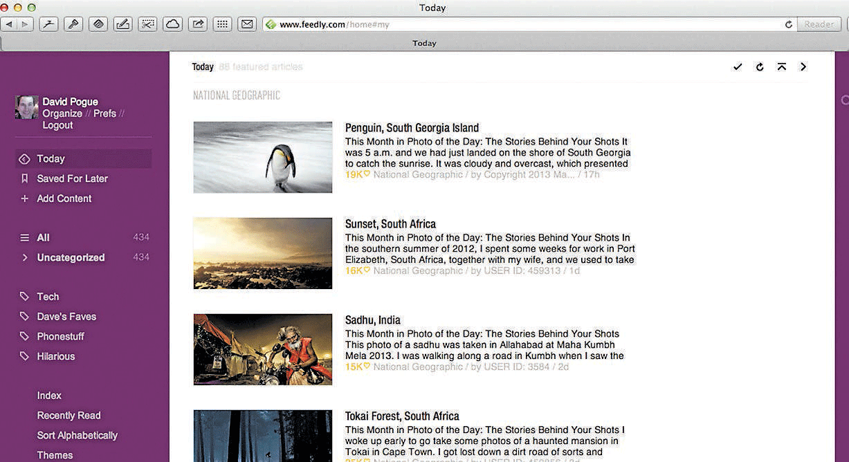 A screenshot of a Feedly.com layout called Magazine.