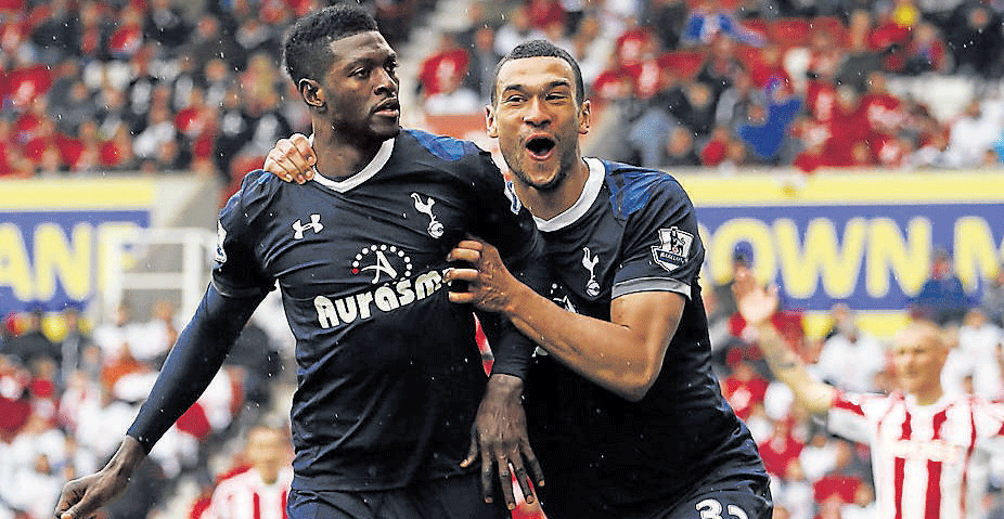 Crucial strike: Tottenham Hotspur's Emmanuel Adebayor celebrates after scoring the winner against Stoke City. reuters