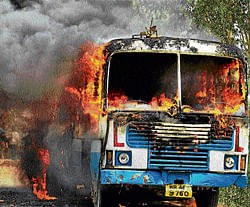 A bus was torched by protesters. PTI photos