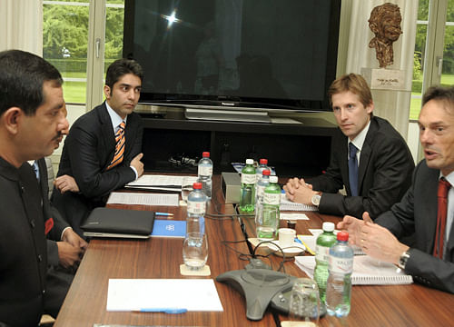 Jitendra Singh, Minister for Youth Affairs and Sports and Olympian Abhinav Bindra meeting IOC officials Christophe de Kepper and Jerome Poivey at International Olympic Committee Headquarters at Lausanne, Switzerland on Wednesday. PTI Photo