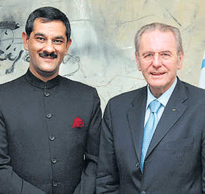 Jitendra Singh, Minister for Youth Affairs and Sports, and Jacques Rogge, president, IOC, at Lausanne, Switzerland on Wednesday. PTI